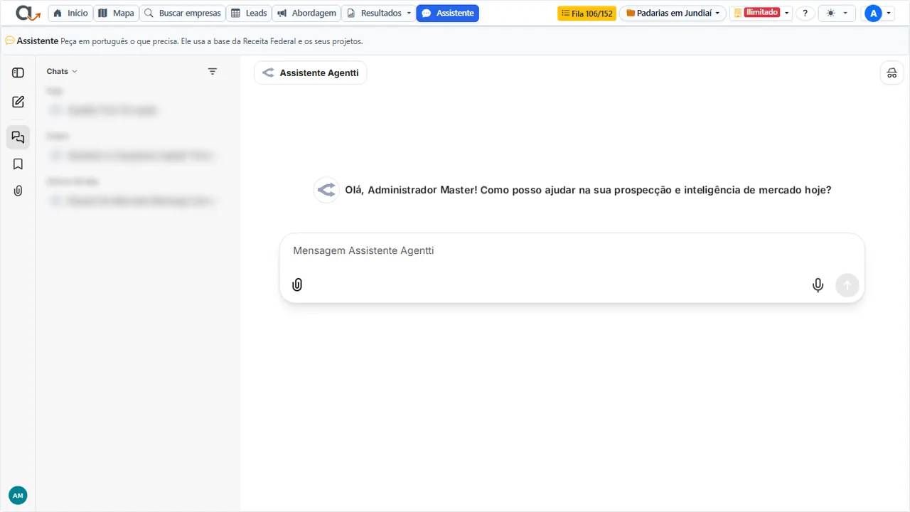 O Assistente: conversas à esquerda e a caixa de mensagem no meio