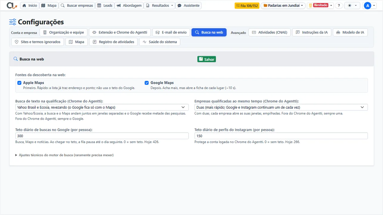 Configurações → Busca na web: fontes da descoberta e tetos do dia