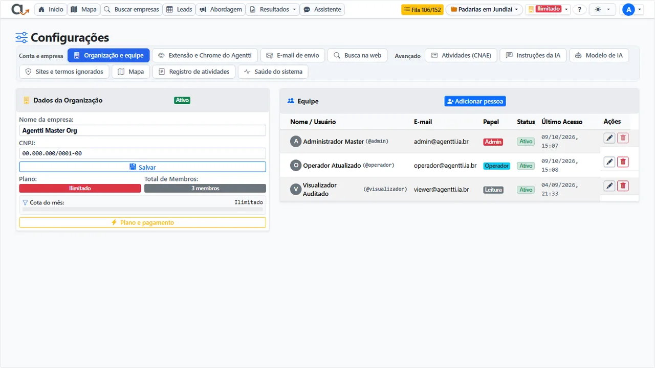 Configurações: as abas em dois grupos, abrindo em Organização e equipe