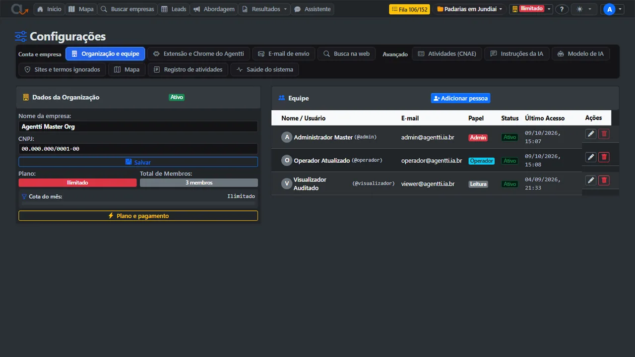 Configurações: as abas em dois grupos, abrindo em Organização e equipe