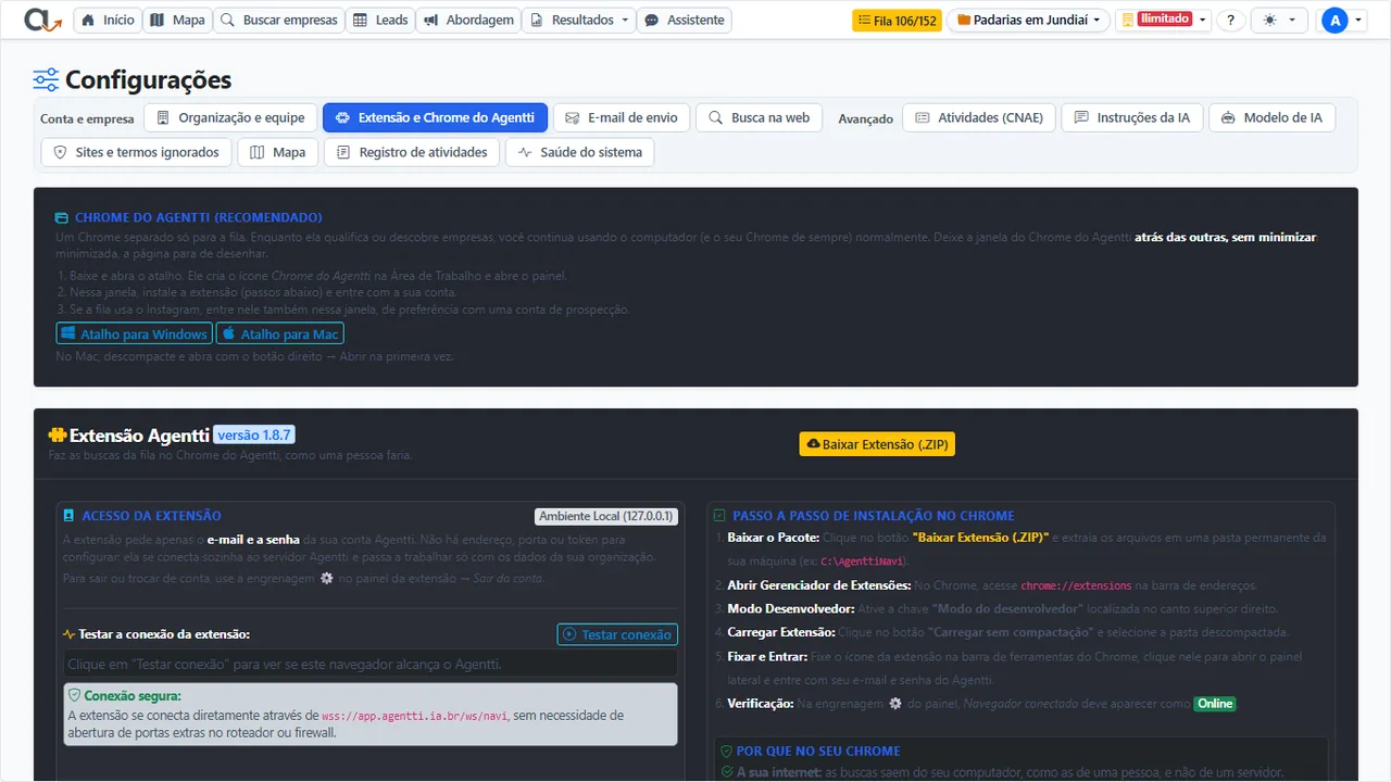Configurações → Extensão e Chrome do Agentti