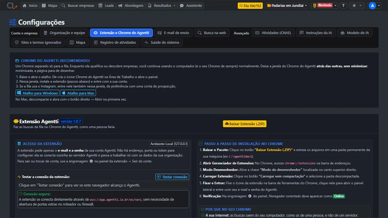 Configurações → Extensão e Chrome do Agentti