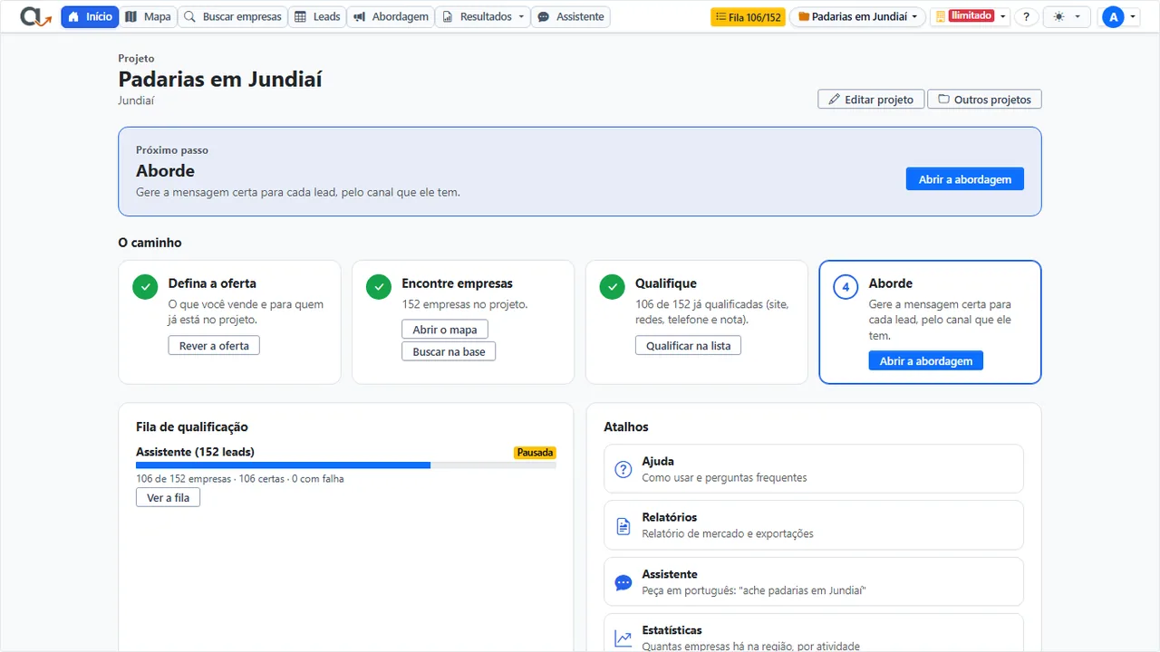 A página Início: o próximo passo em destaque e o caminho do projeto