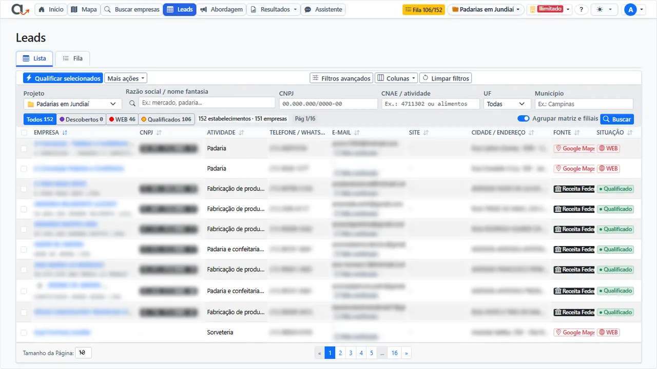 A lista de leads com os grupos Todos, Descobertos, WEB e Qualificados